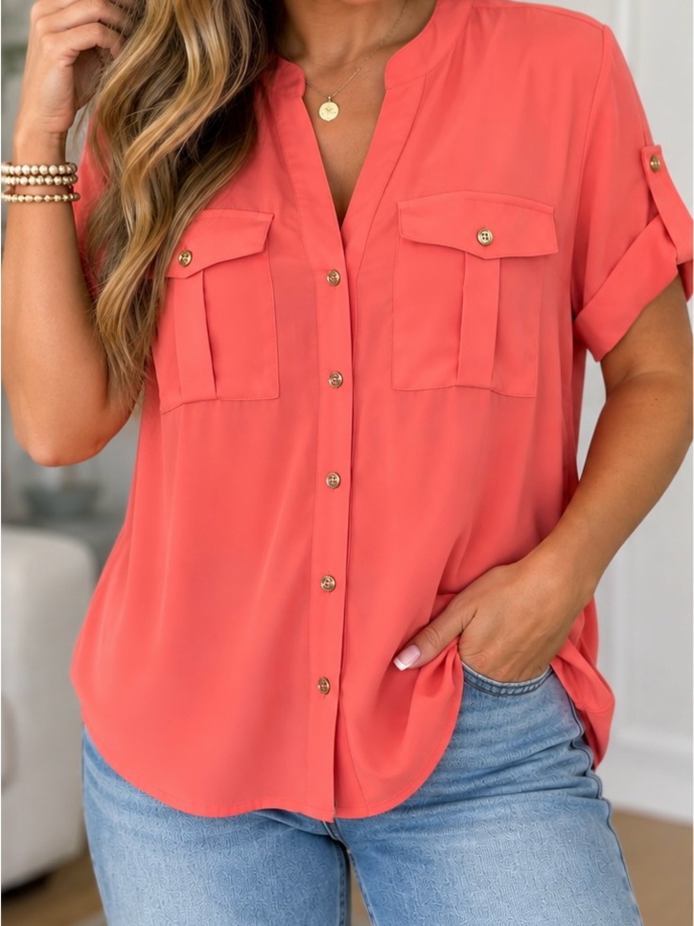 New York & Company Coral Button-Front Shirt